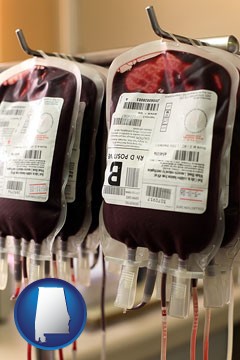 blood donation equipment being used at a blood bank - with Alabama icon