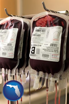 blood donation equipment being used at a blood bank - with Florida icon