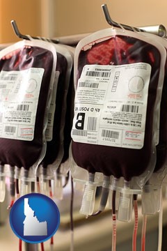 blood donation equipment being used at a blood bank - with Idaho icon