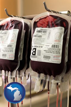 blood donation equipment being used at a blood bank - with Michigan icon