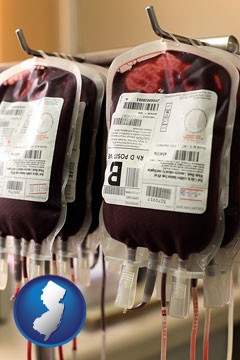 blood donation equipment being used at a blood bank - with New Jersey icon