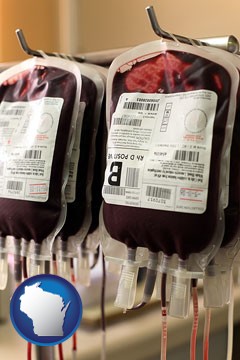 blood donation equipment being used at a blood bank - with Wisconsin icon