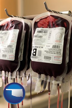 blood donation equipment being used at a blood bank - with Oklahoma icon